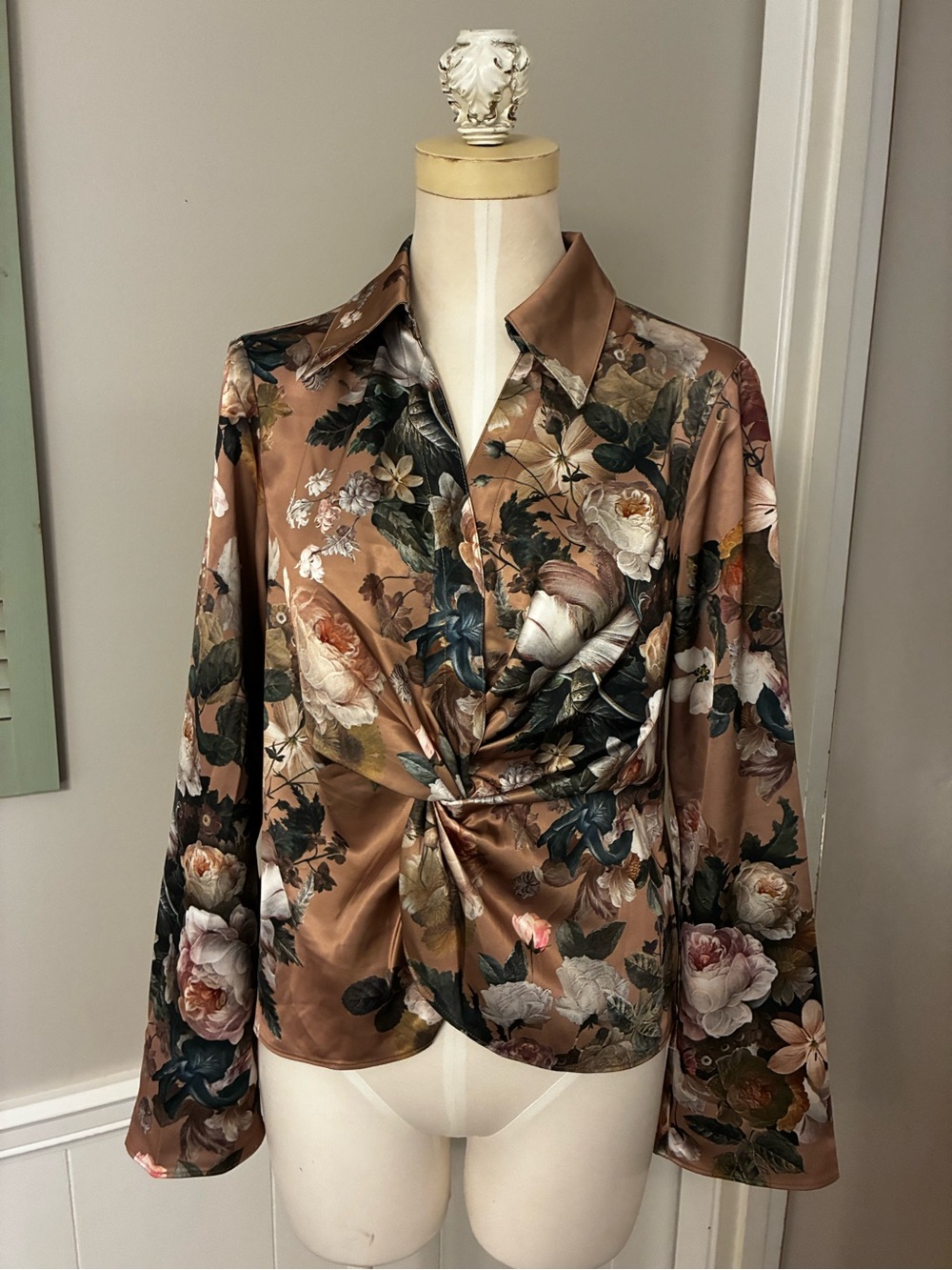 Rachel Zoe Floral Satin Twist-Front Blouse in Bronze and Green